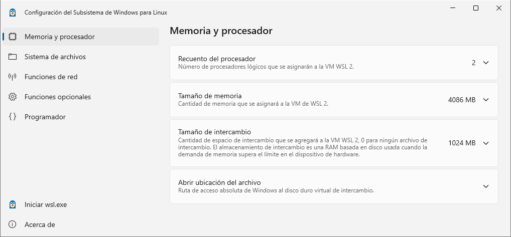 Aplicación de configuración de WSL