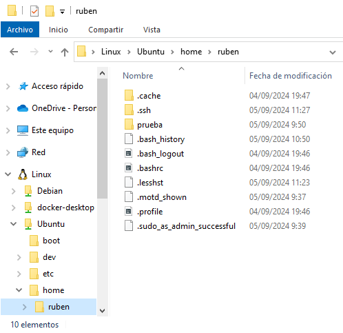 Contenido de “/home/ruben” de Ubuntu desde el explorador Windows